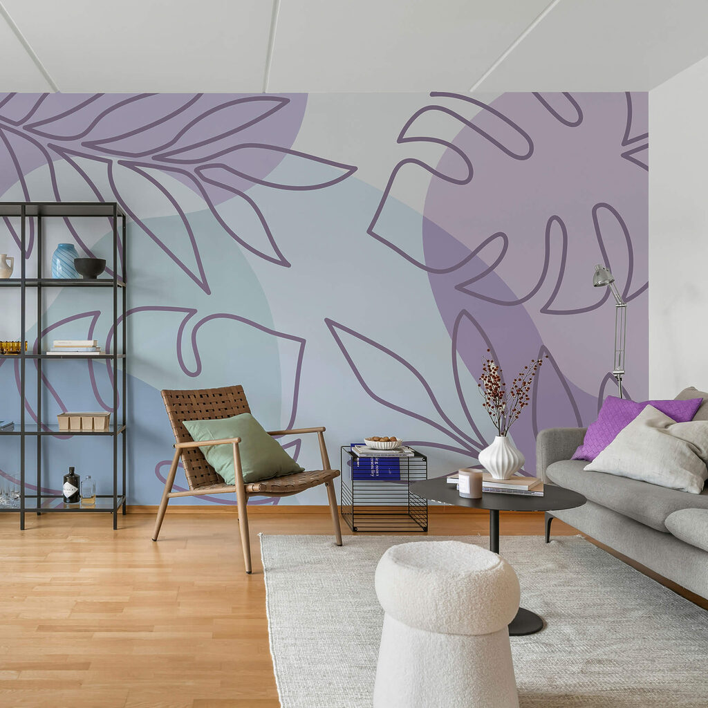 Motivo morado y blanco con hojas