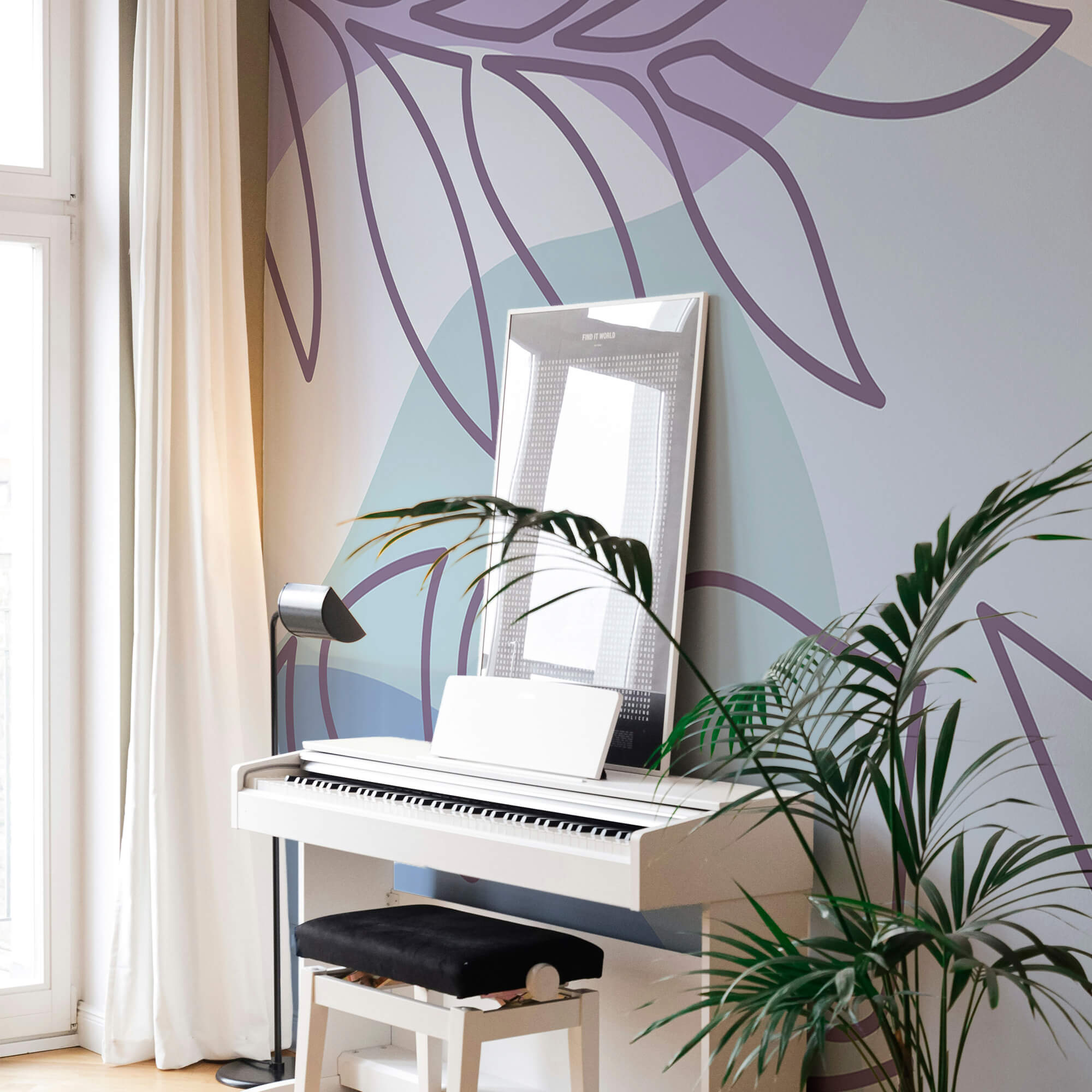 Motivo morado y blanco con hojas