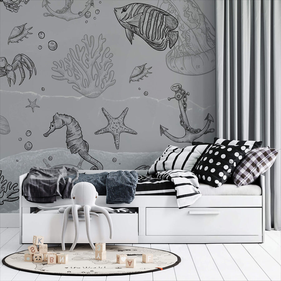 Fondo gris con criaturas marinas Fondo gris con criaturas marinas