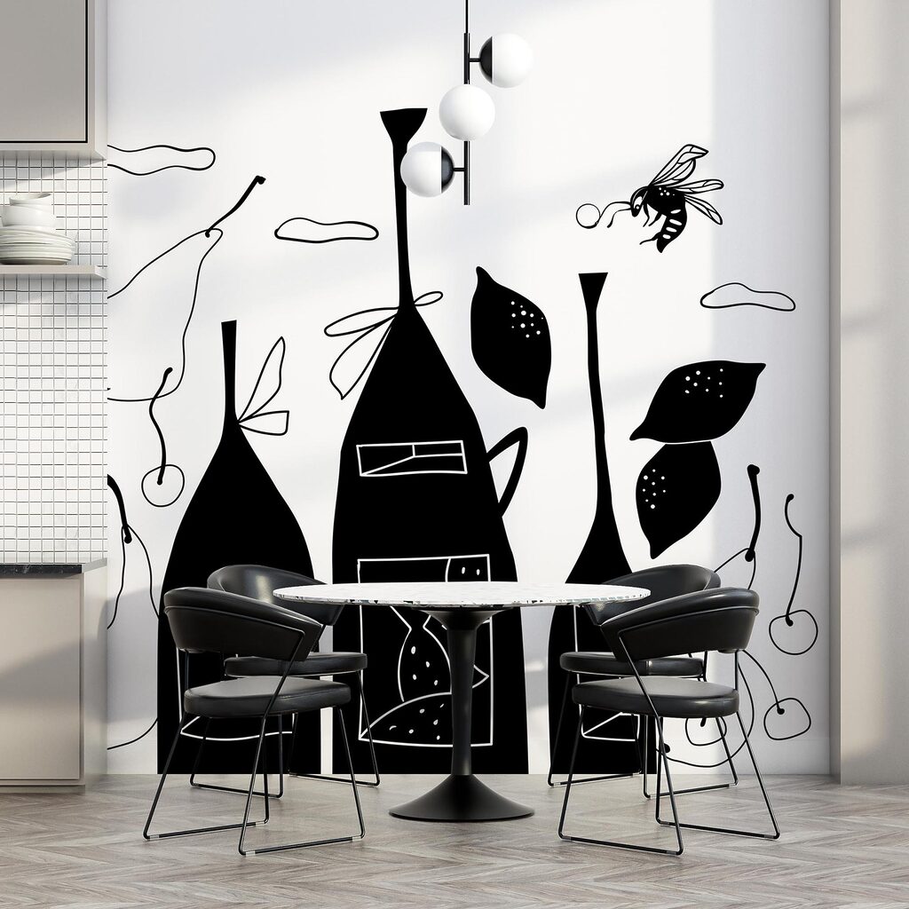 Dibujo en blanco y negro de botellas