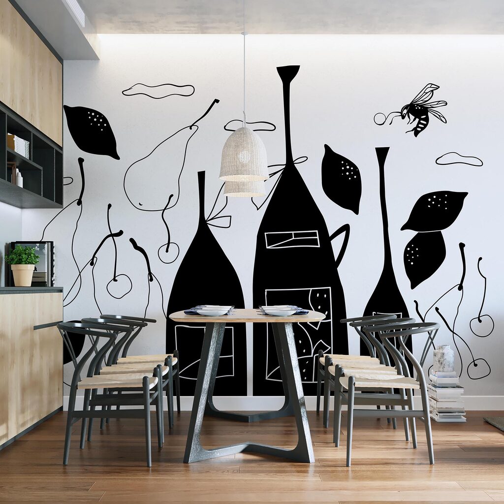 Dibujo en blanco y negro de botellas