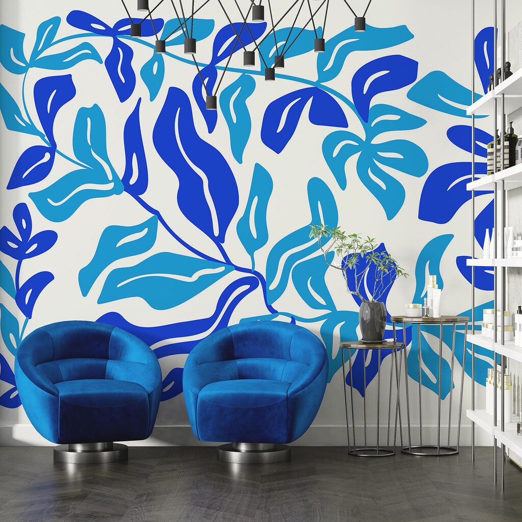 Dibujo azul y blanco de hojas