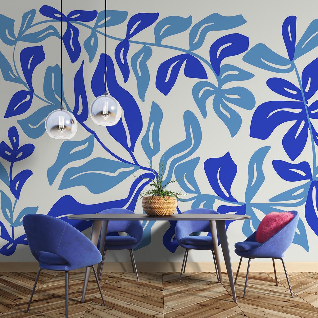 Dibujo azul y blanco de hojas