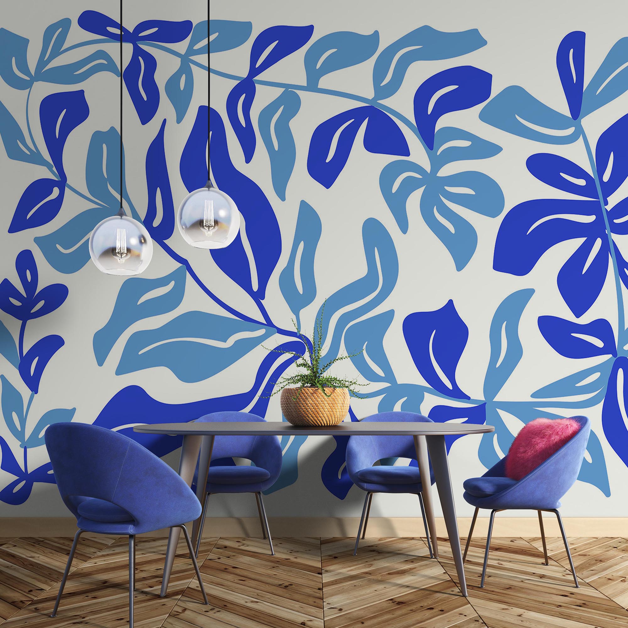 Dibujo azul y blanco de hojas