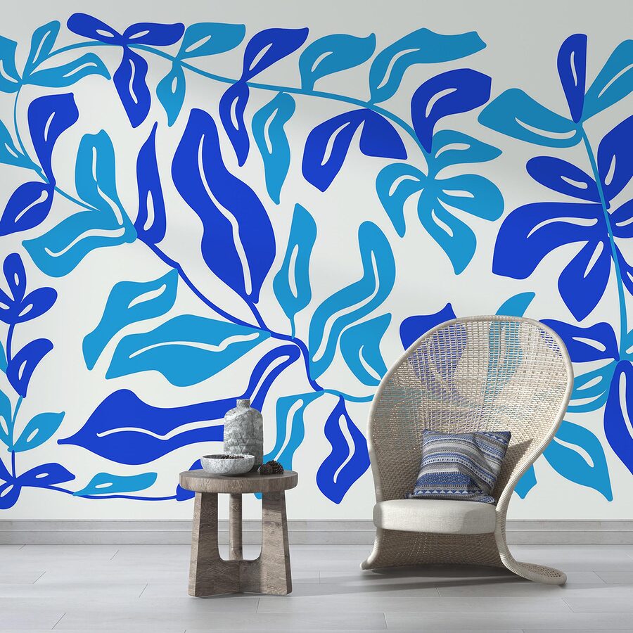 Dibujo azul y blanco de hojas