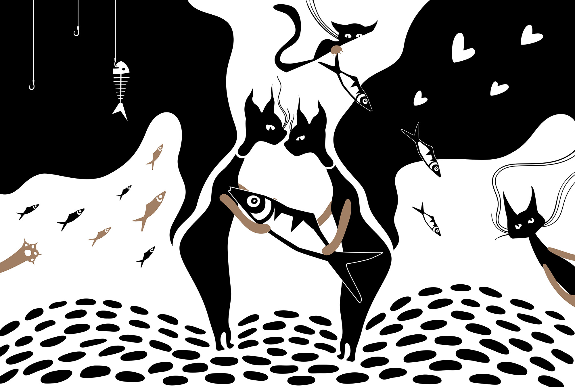 Black and white cat with fish and fish