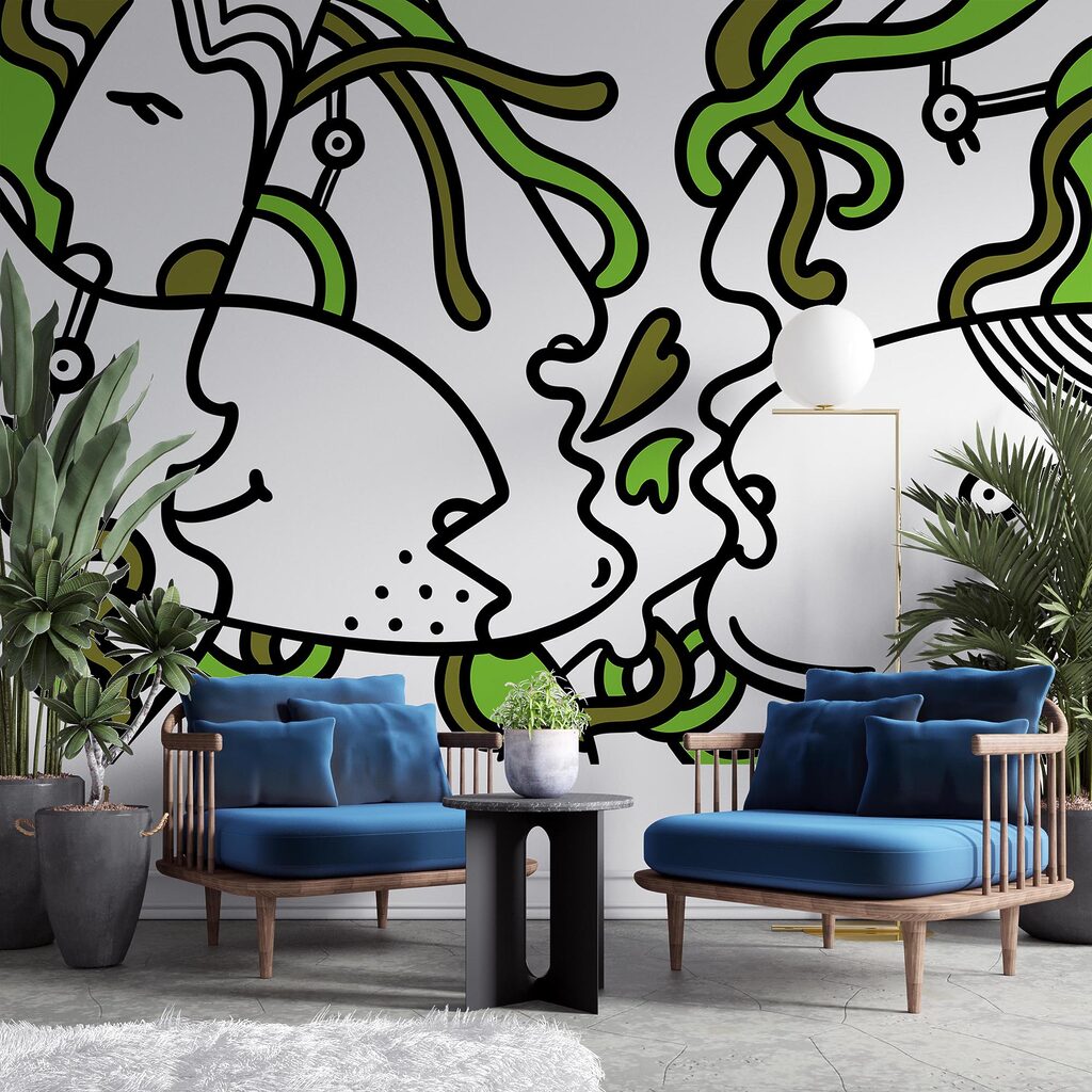 Wall murals Faces intertwined with vibrant shapes Wall murals Faces intertwined with vibrant shapes