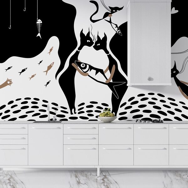 Gato blanco y negro con pez y pez Gato blanco y negro con pez y pez