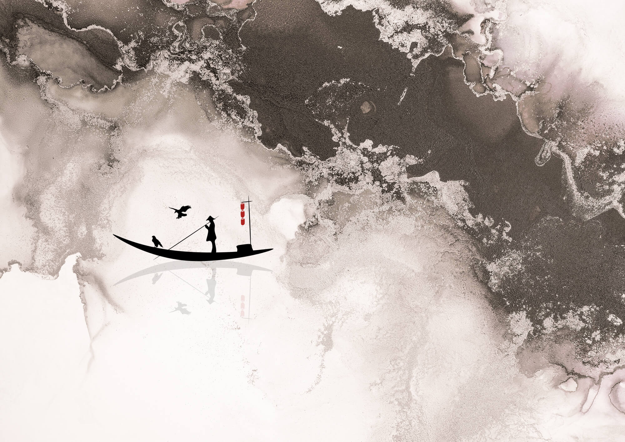 Silhouette of a man on a boat with a bird on it