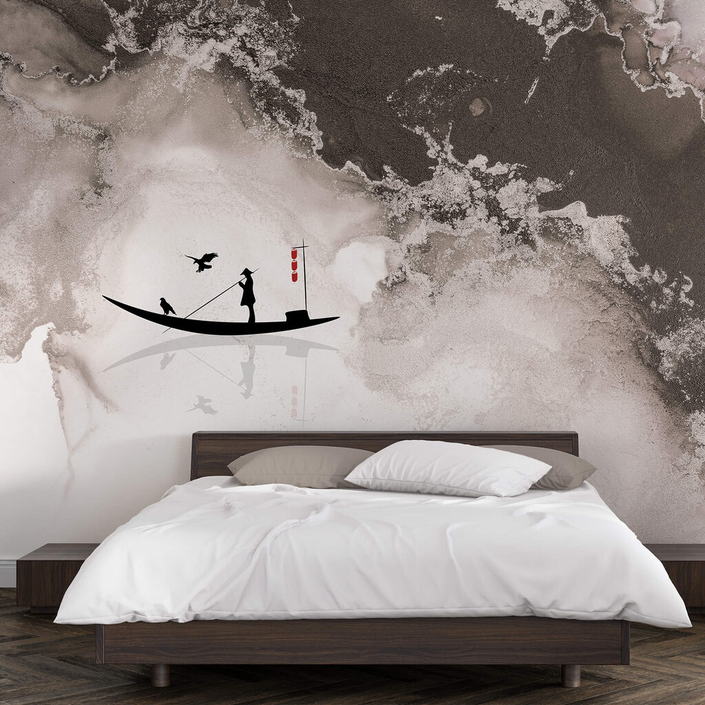 Silueta de un hombre en un barco con un pájaro encima