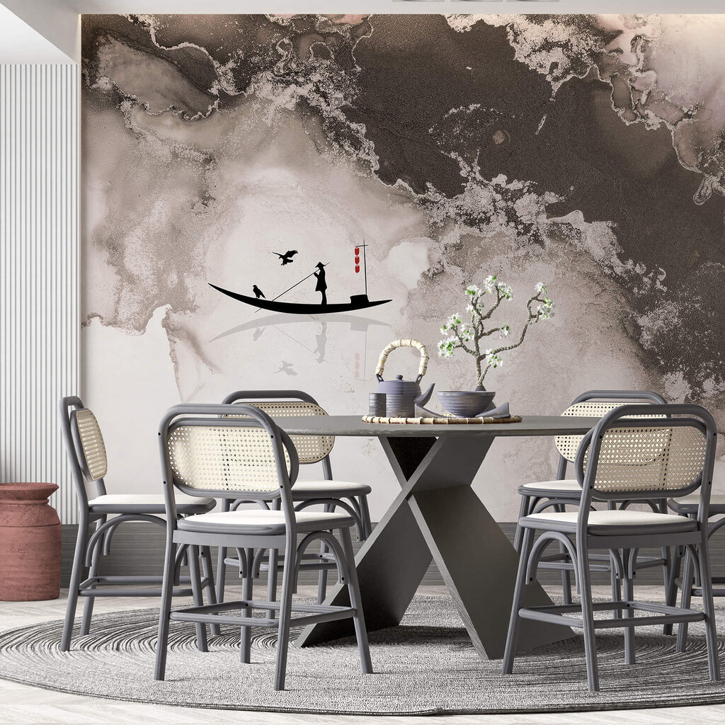 Silueta de un hombre en un barco con un pájaro encima