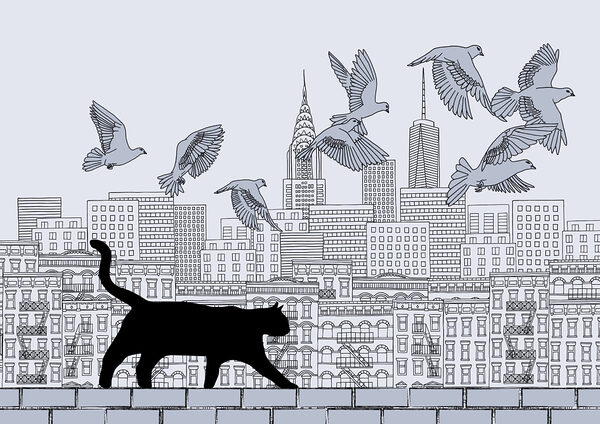 Gato caminando sobre una pared con pájaros volando en el cielo Gato caminando sobre una pared con pájaros volando en el cielo