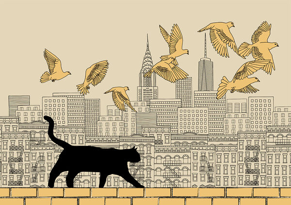 Gato caminando sobre una pared con pájaros volando en el cielo Gato caminando sobre una pared con pájaros volando en el cielo