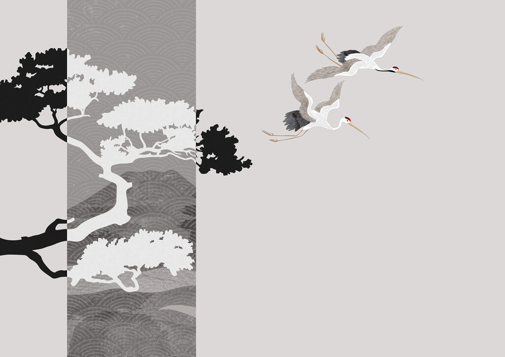 Pareja de grullas volando junto a un árbol Pareja de grullas volando junto a un árbol