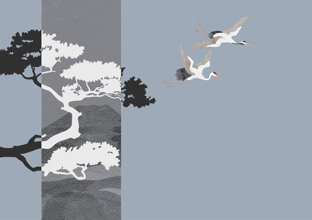 Pareja de grullas volando junto a un árbol Pareja de grullas volando junto a un árbol