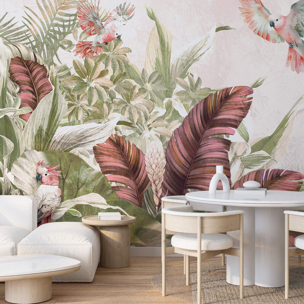 Pintura de pájaros volando sobre una planta