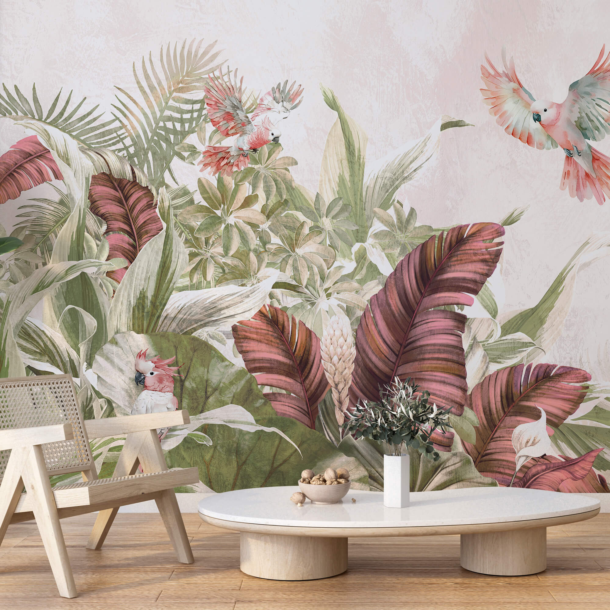 Pintura de pájaros volando sobre una planta