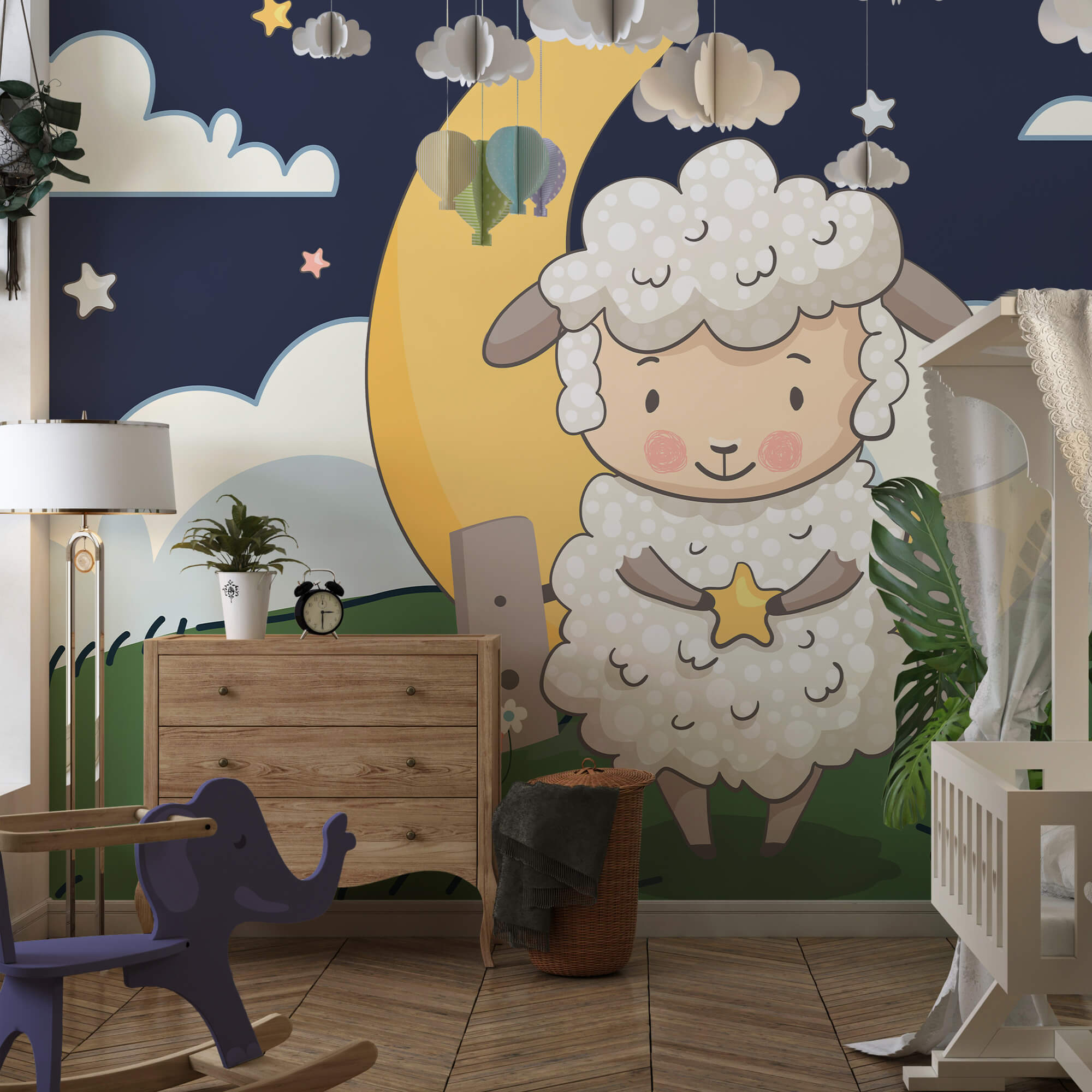 Dibujo animado de una oveja sosteniendo una estrella