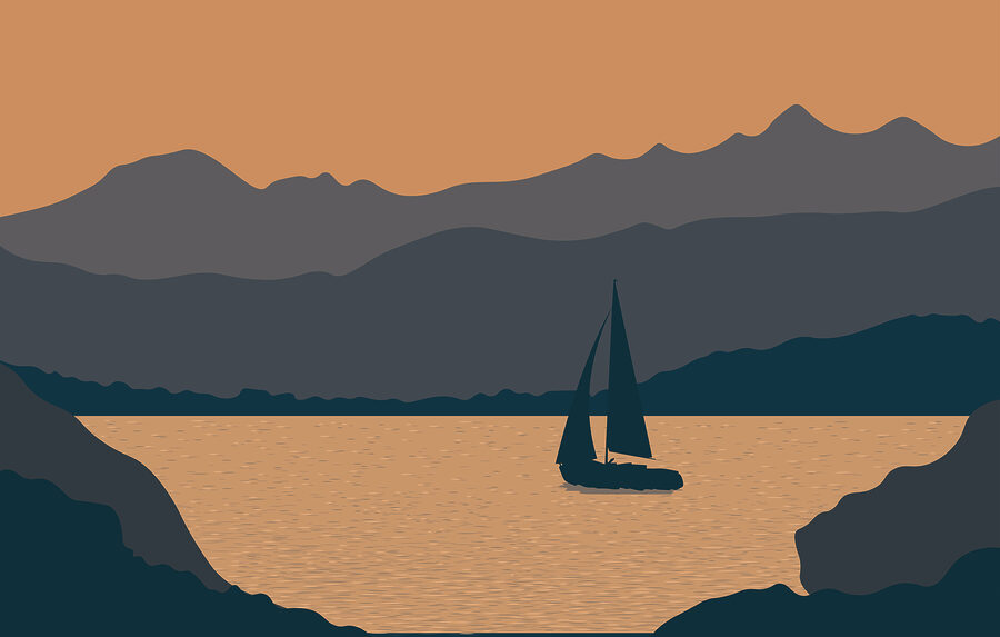 Velero sobre el agua con montañas al fondo