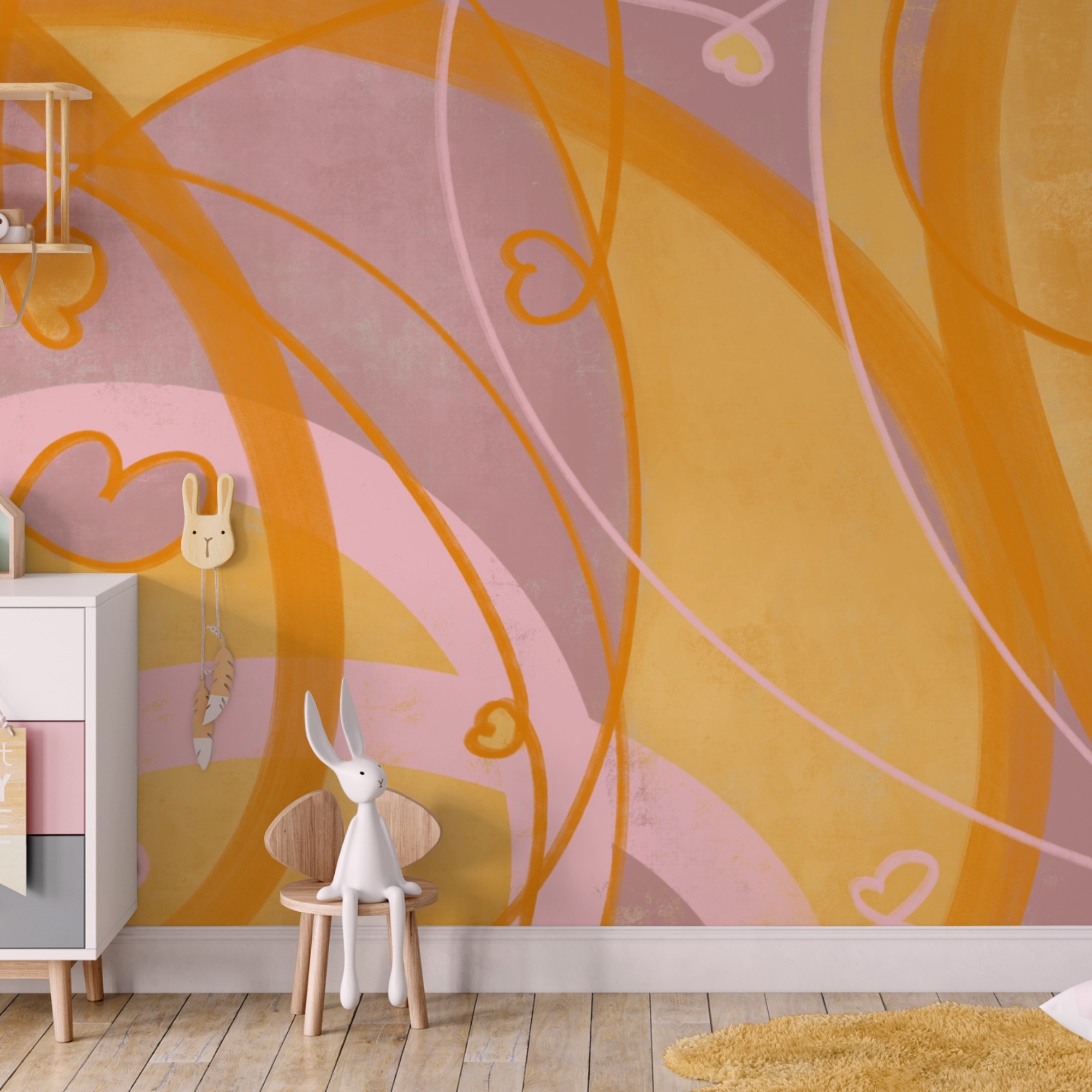 Remolinos y corazones amarillos y rosas