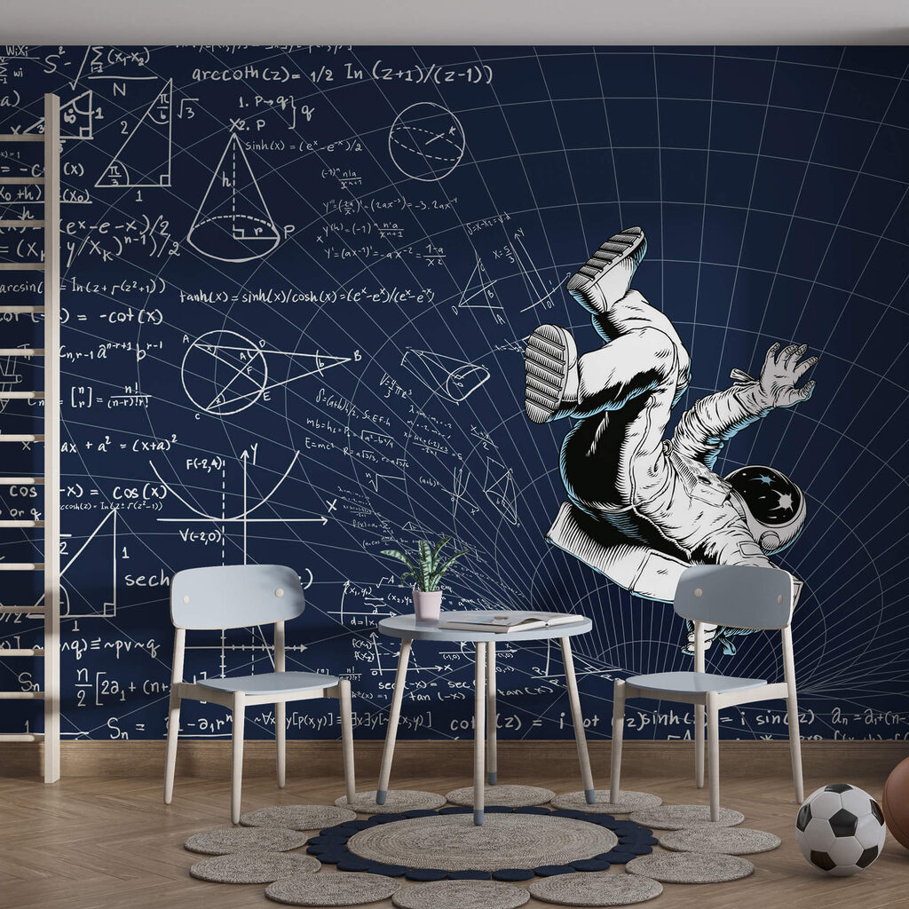 Hombre en traje espacial cayendo sobre una pizarra con ecuaciones matemáticas