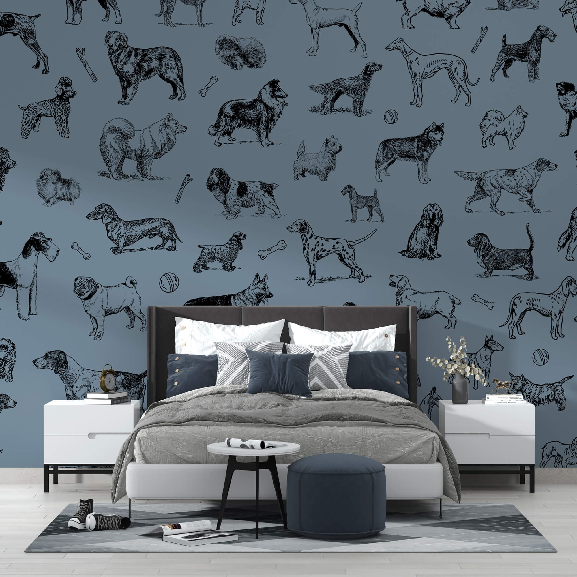 Grupo de perros sobre fondo azul