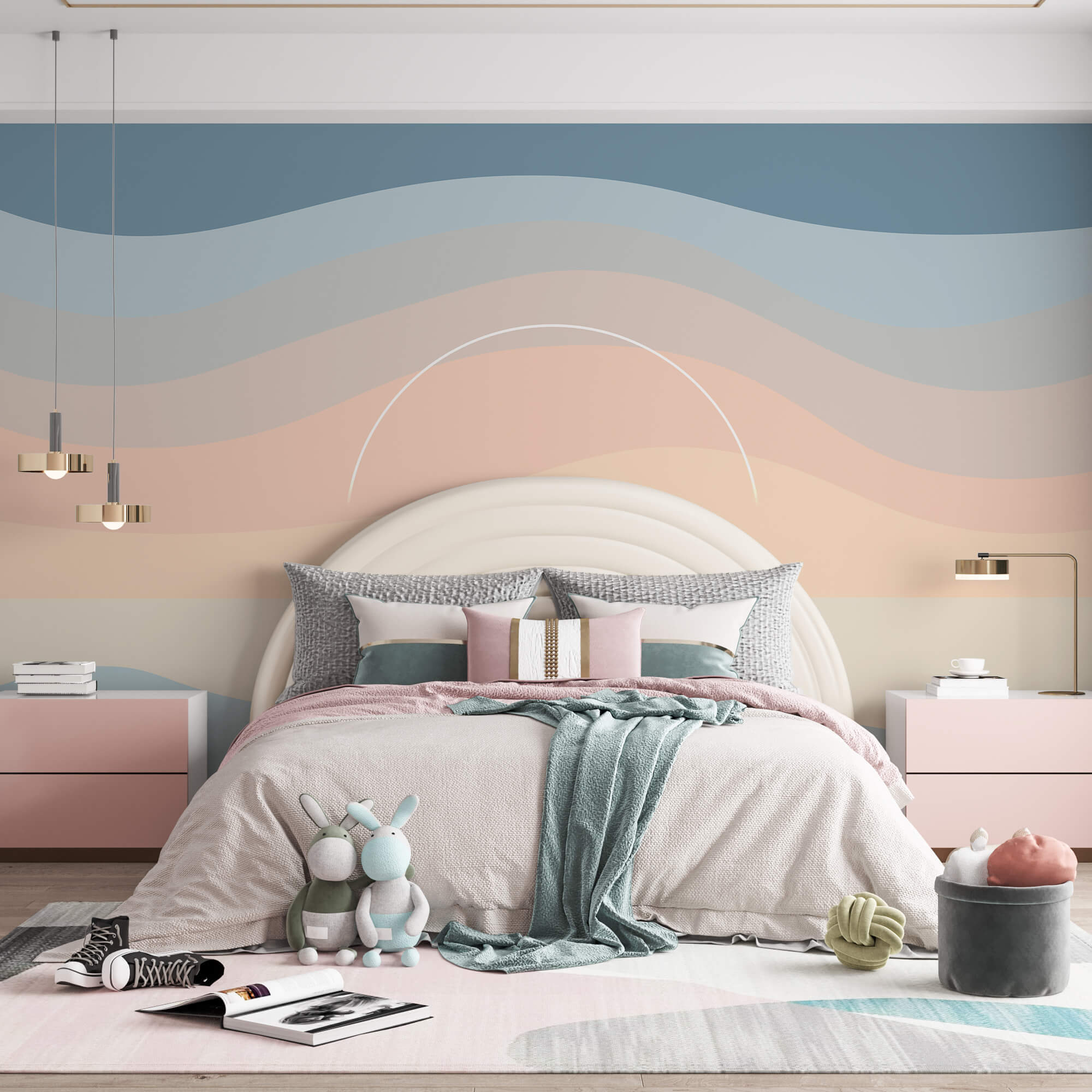 Olas de colores con un círculo blanco en el cielo
