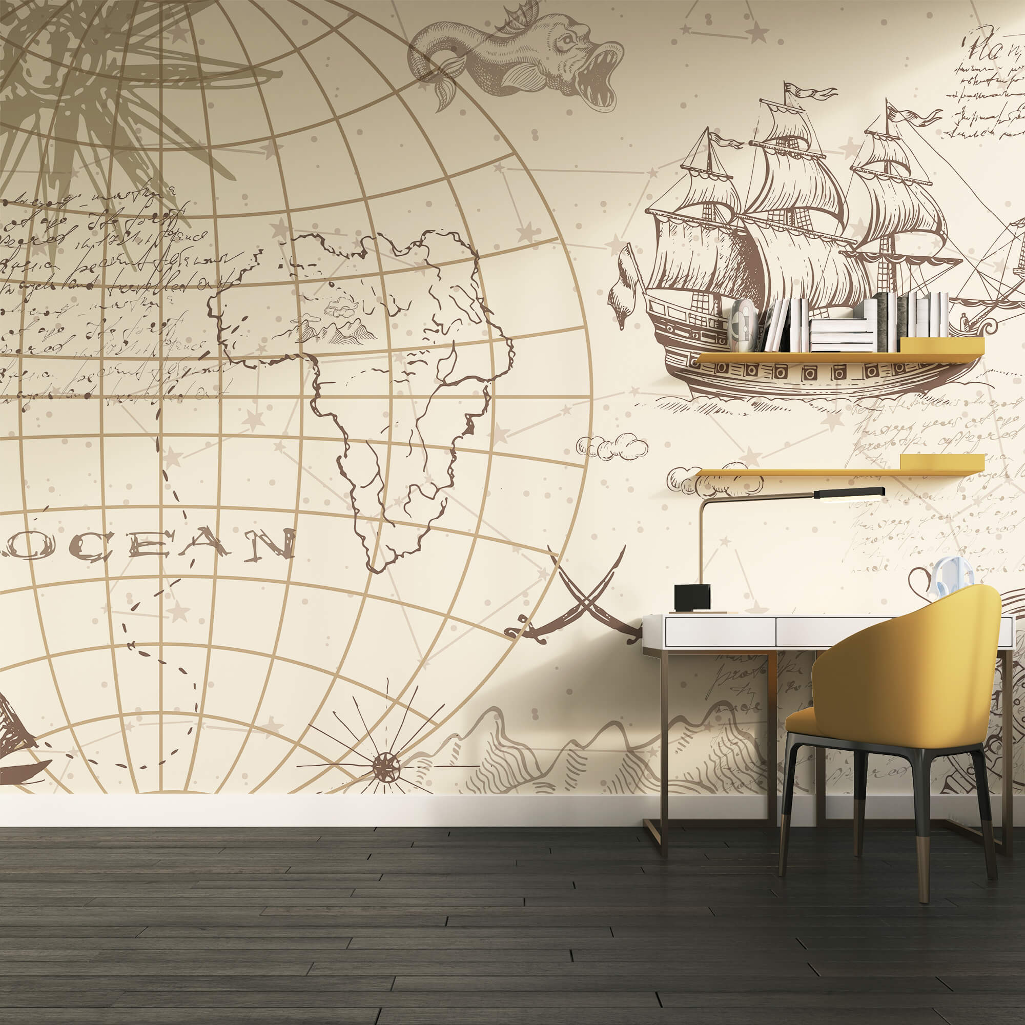 Mapa del mundo y un barco