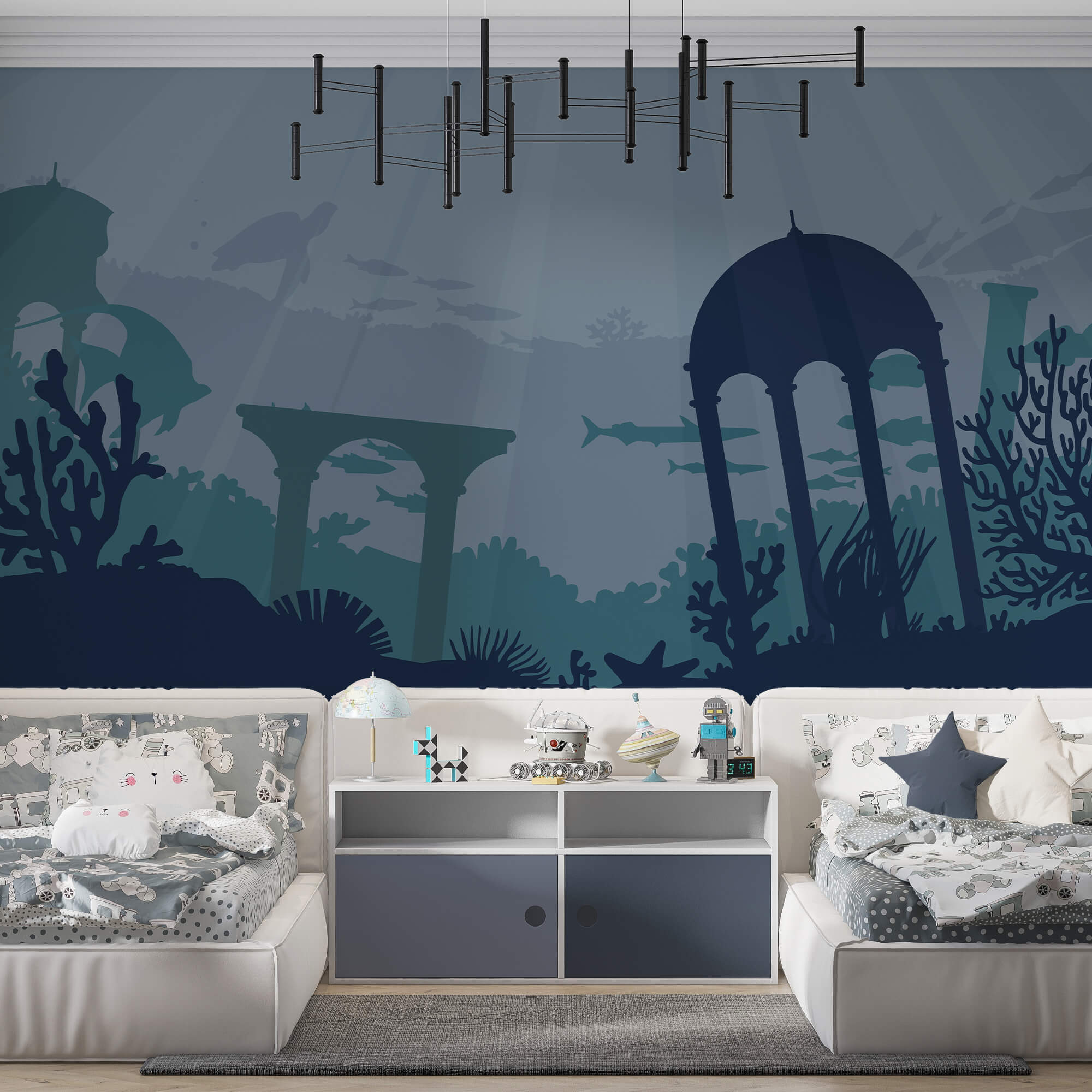 Silueta de un edificio y plantas marinas