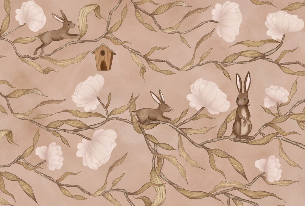 Papel pintado con conejos y flores Papel pintado con conejos y flores