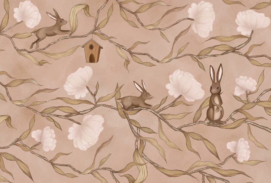 Papel pintado con conejos y flores