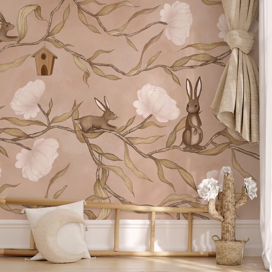 Papel pintado con conejos y flores