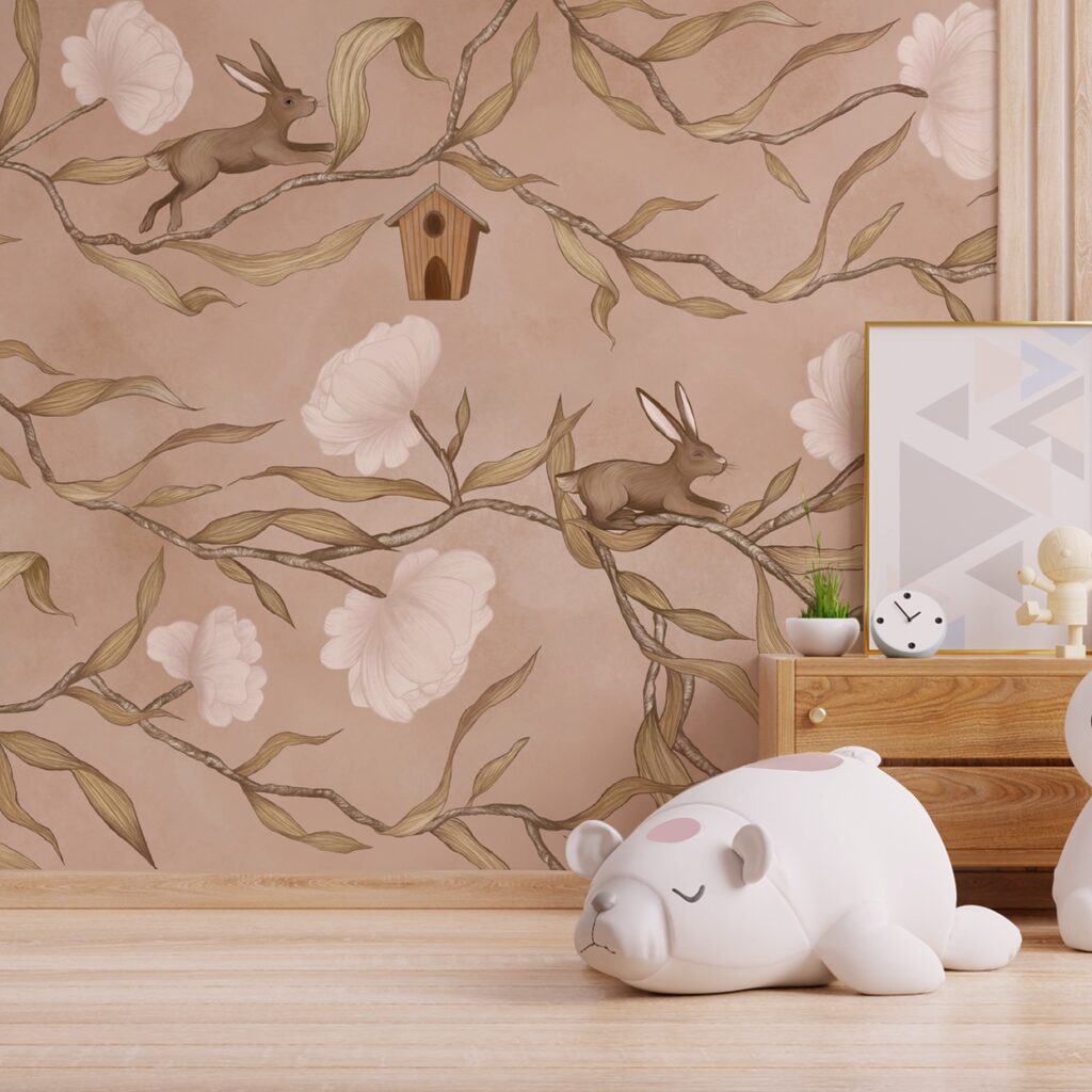 Papel pintado con conejos y flores