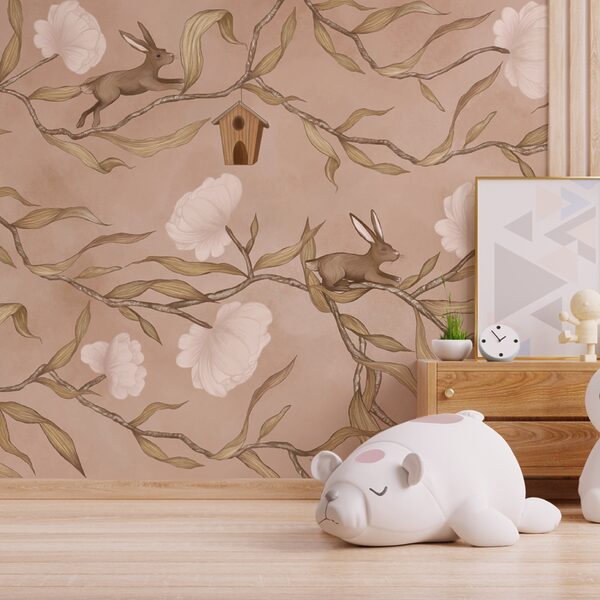 Papel pintado con conejos y flores Papel pintado con conejos y flores