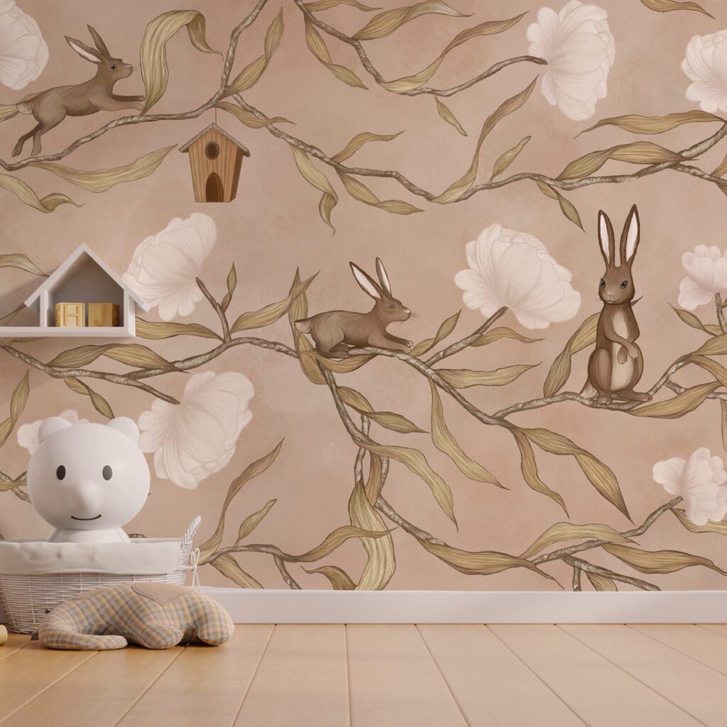 Papel pintado con conejos y flores