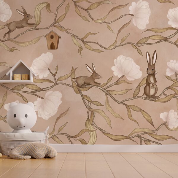 Papel pintado con conejos y flores Papel pintado con conejos y flores