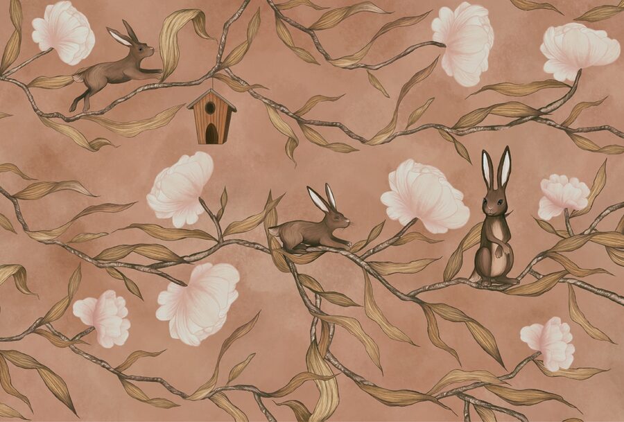 Papel pintado con conejos y flores