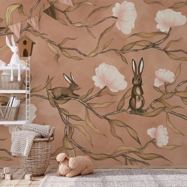 Papel pintado con conejos y flores Papel pintado con conejos y flores