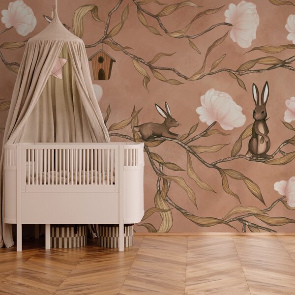 Papel pintado con conejos y flores Papel pintado con conejos y flores