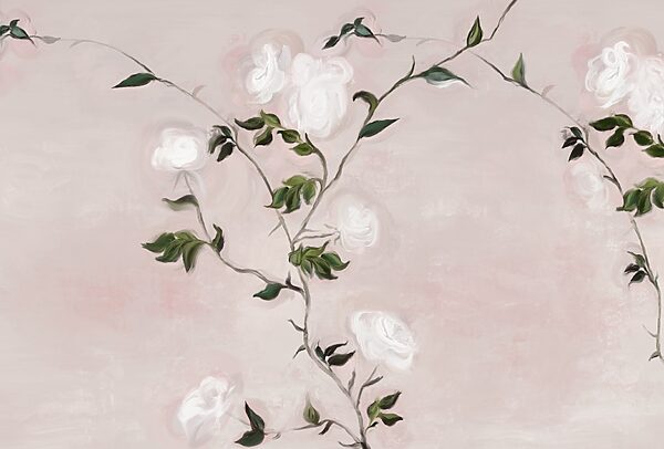 Pintura de una rama con flores blancas y hojas verdes Pintura de una rama con flores blancas y hojas verdes