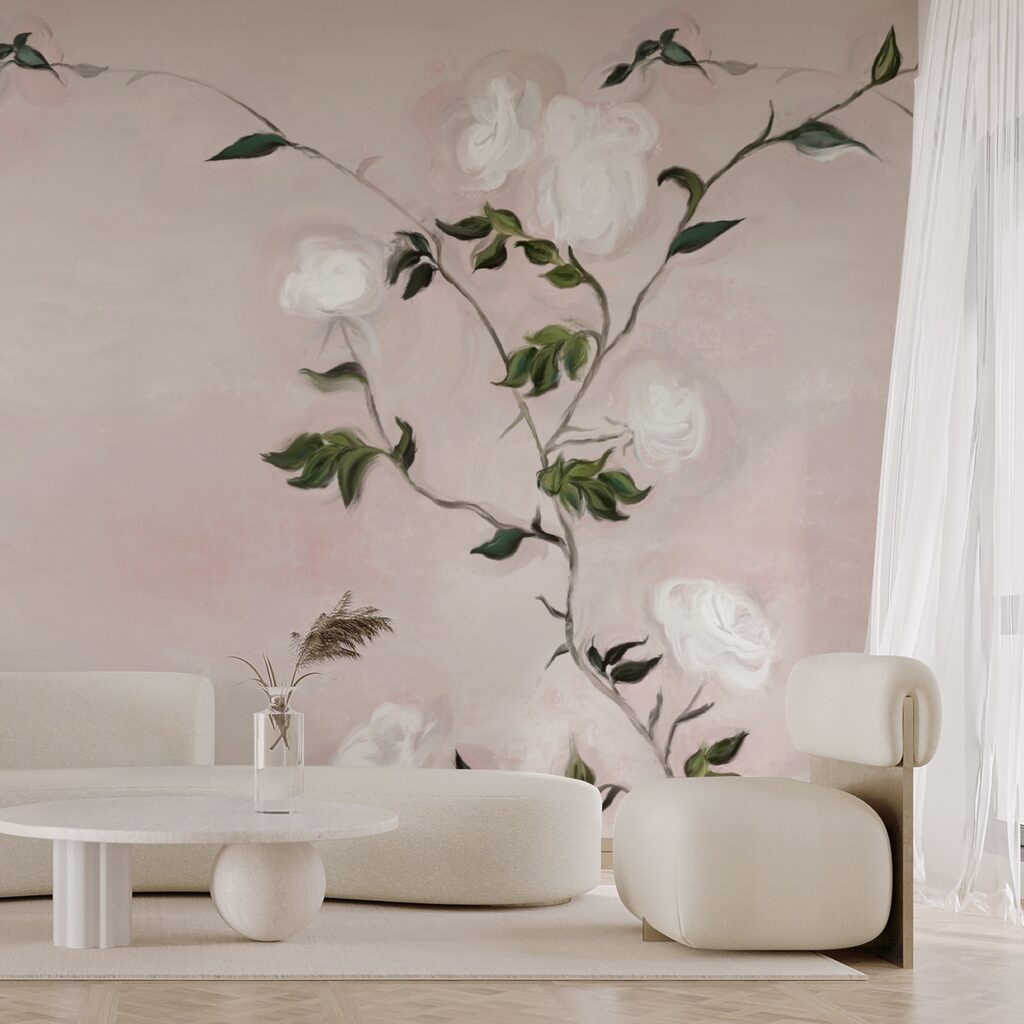 Pintura de una rama con flores blancas y hojas verdes
