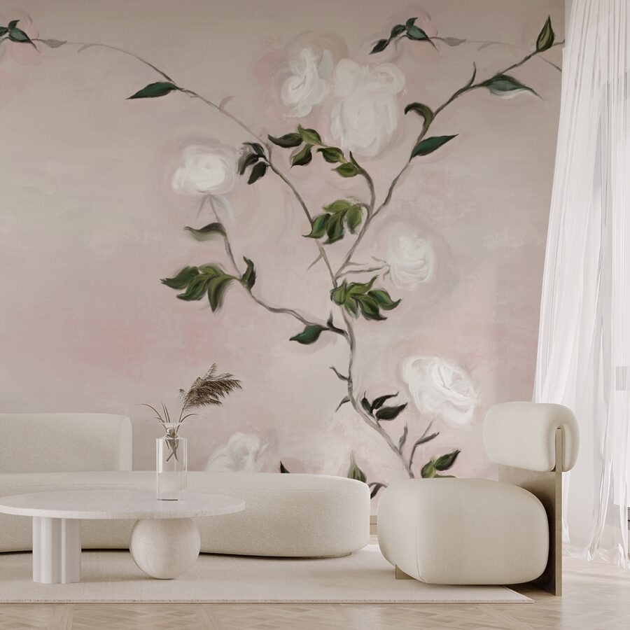 Pintura de una rama con flores blancas y hojas verdes