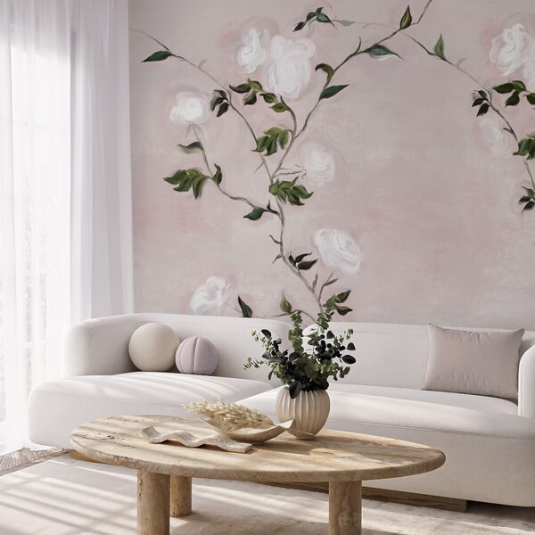 Pintura de una rama con flores blancas y hojas verdes Pintura de una rama con flores blancas y hojas verdes