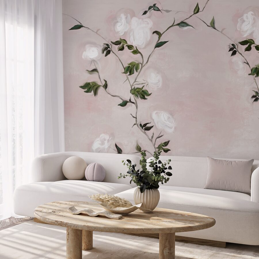 Pintura de una rama con flores blancas y hojas verdes