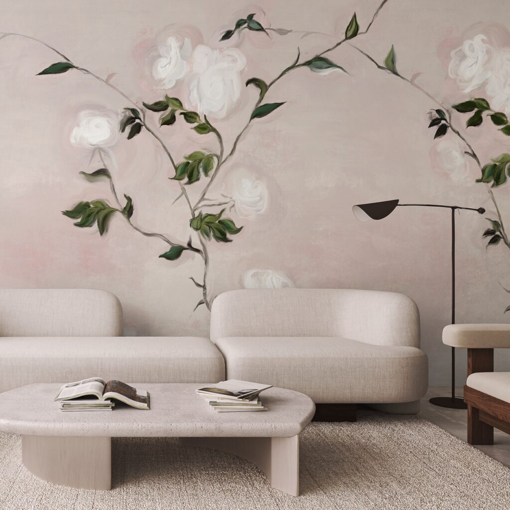 Pintura de una rama con flores blancas y hojas verdes