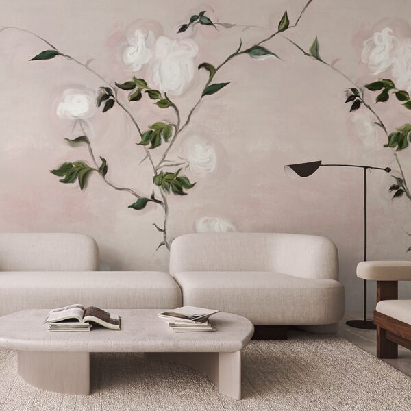 Pintura de una rama con flores blancas y hojas verdes Pintura de una rama con flores blancas y hojas verdes