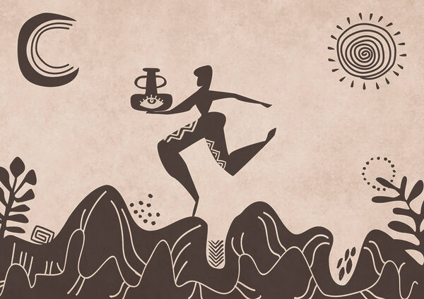 Dibujo de un hombre que sostiene una olla y una maceta en una montaña Dibujo de un hombre que sostiene una olla y una maceta en una montaña