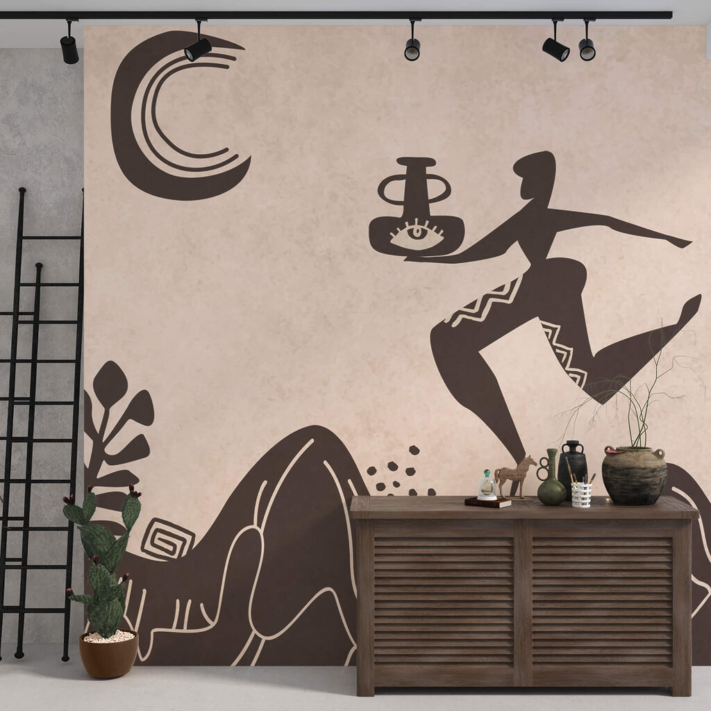 Dibujo de un hombre que sostiene una olla y una maceta en una montaña