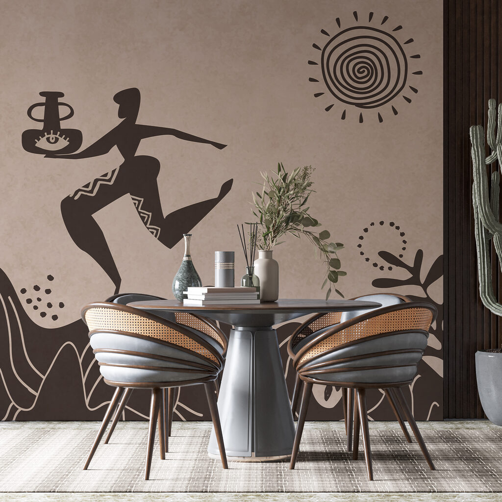 Dibujo de un hombre que sostiene una olla y una maceta en una montaña