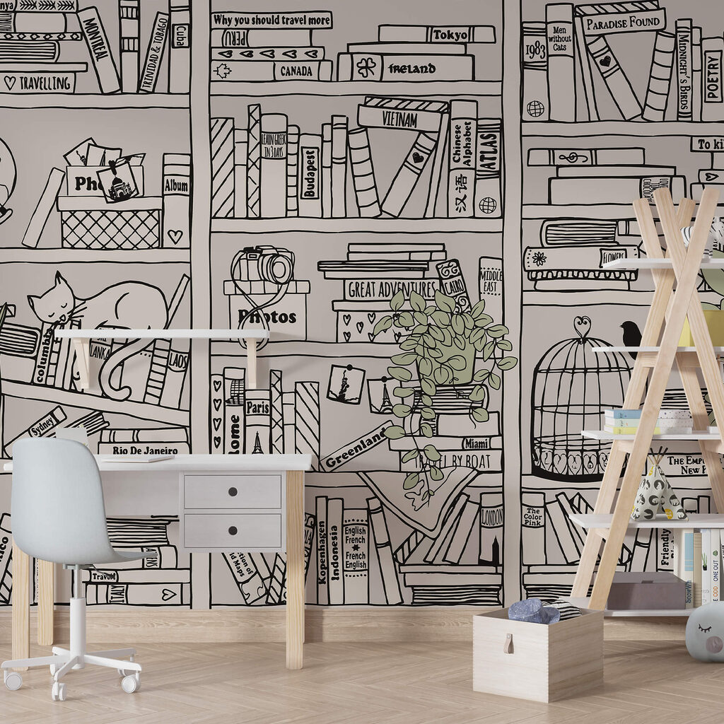 Papel pintado con libros en estanterías
